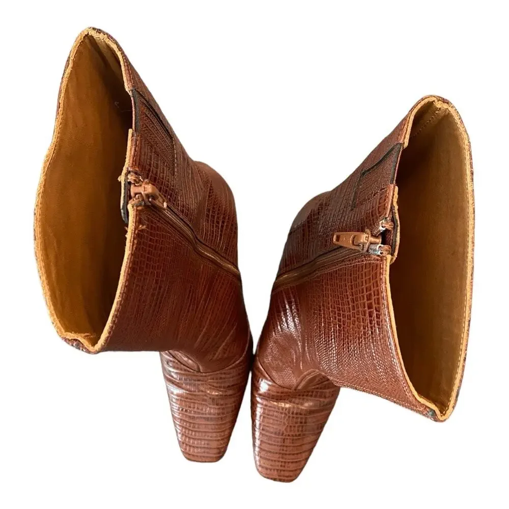 Toral Daisy Heeled Boots Square Toe Croc Leather Square Toe Classy Y2K Sz 38